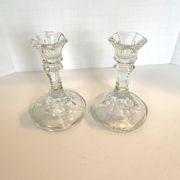 Vintage Clear Glass‎ Taper Candle Holders  Faceted Pair 6-Sided Base  Classic - Picture 1 of 13